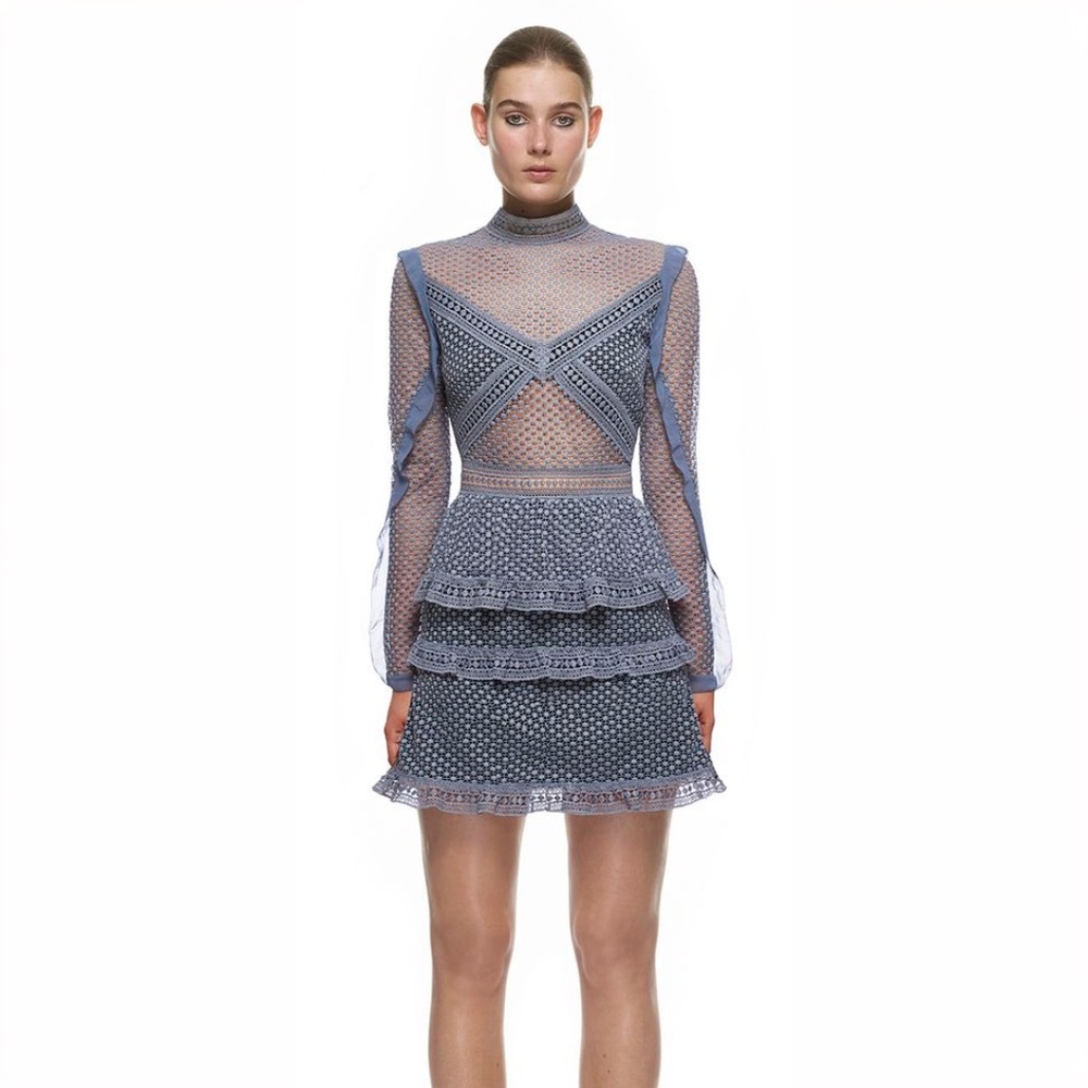 Self Portrait Slate Blue Long Sleeve Lace Mini Dress